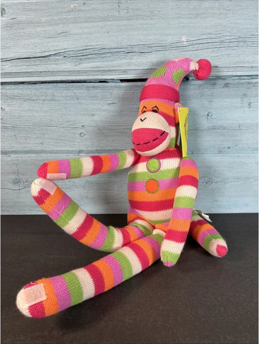 Sock Monkey Knit Pink Orange Green Stripe Clown Hat 20